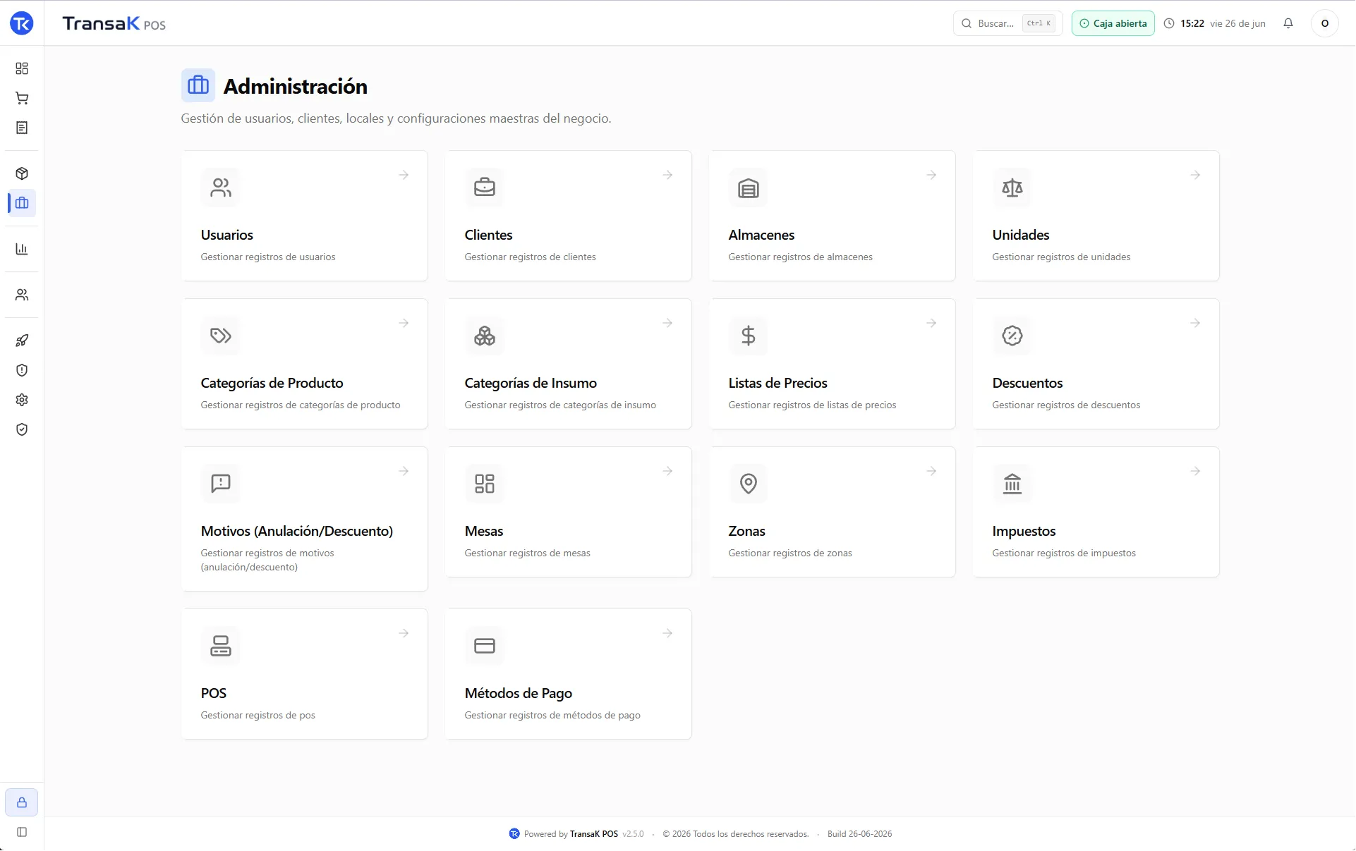 Panel de administración de TransaK POS con usuarios, clientes, mesas, zonas, impuestos y más