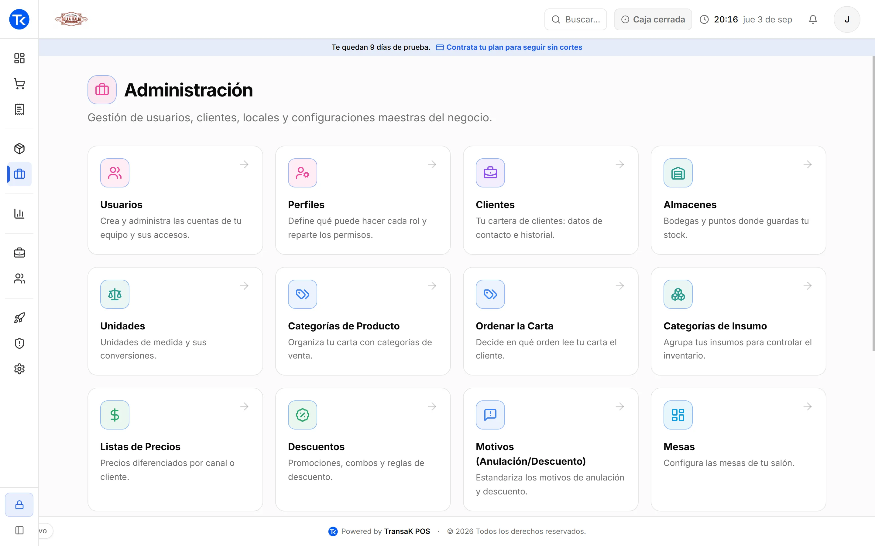Panel de administración de TransaK POS con usuarios, clientes, mesas, zonas, impuestos y más