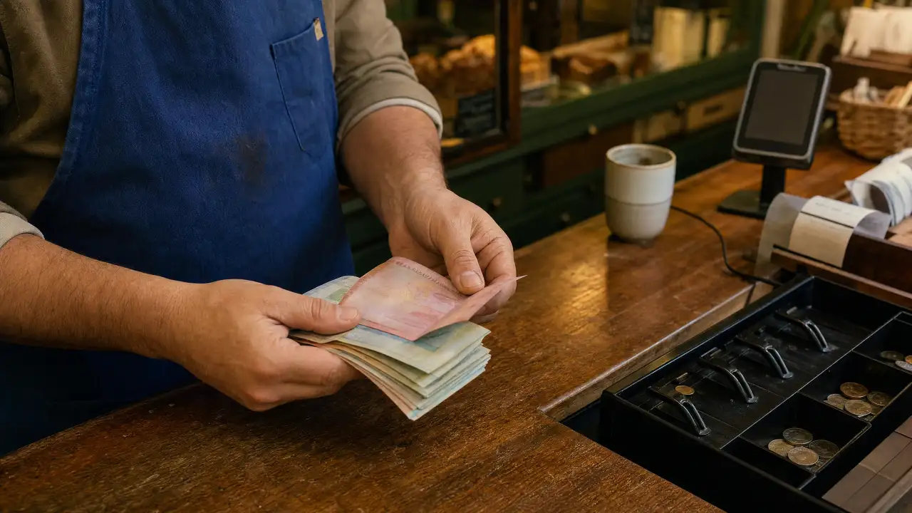 Manos contando billetes sobre el mesón de madera de un local al cierre, junto al cajón de dinero abierto con sus compartimentos de monedas.