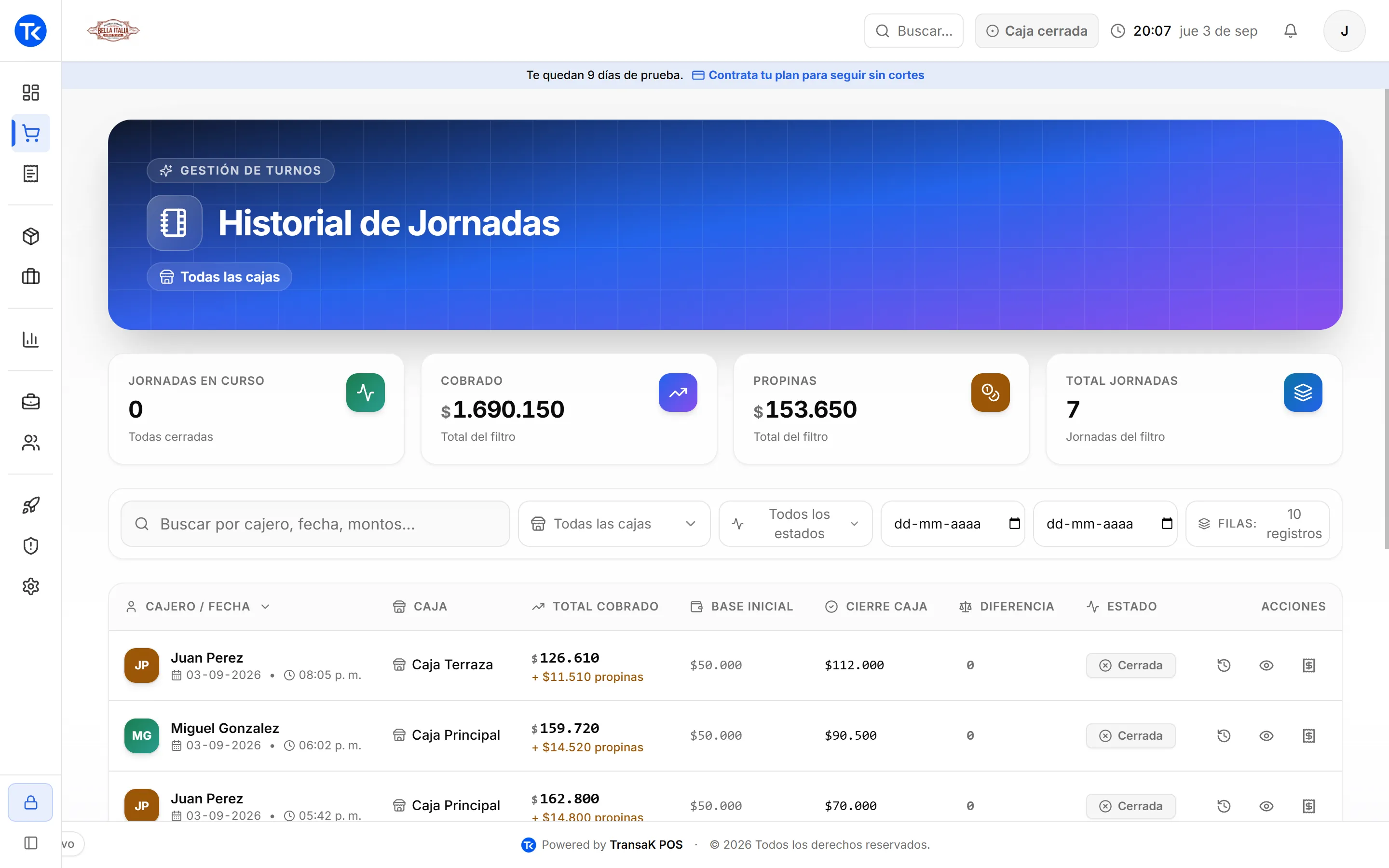 Historial de jornadas multi-caja en TransaK POS con lo cobrado, las diferencias y los cierres por cajero