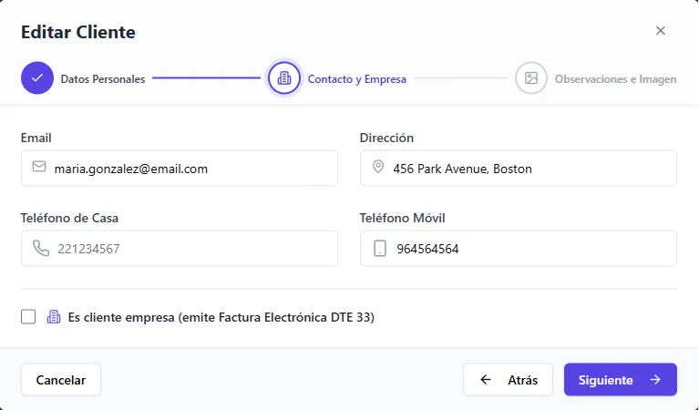 Ficha de cliente en TransaK POS, paso de contacto y cliente empresa para factura electrónica