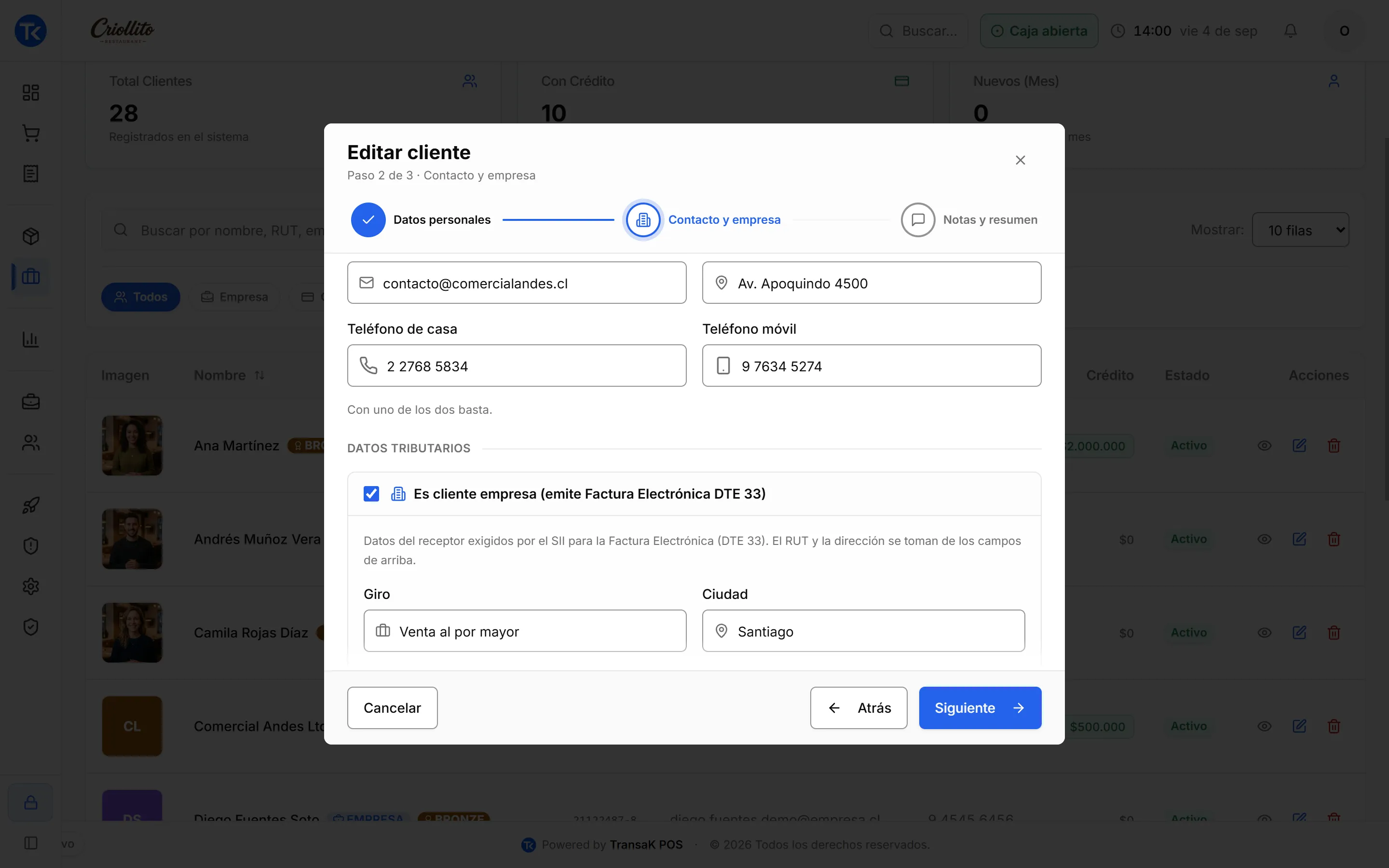 Ficha de cliente en TransaK POS, paso de contacto y cliente empresa para factura electrónica