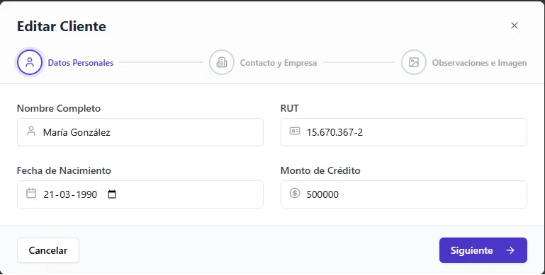 Ficha de cliente en TransaK POS, paso de datos personales con el monto de crédito