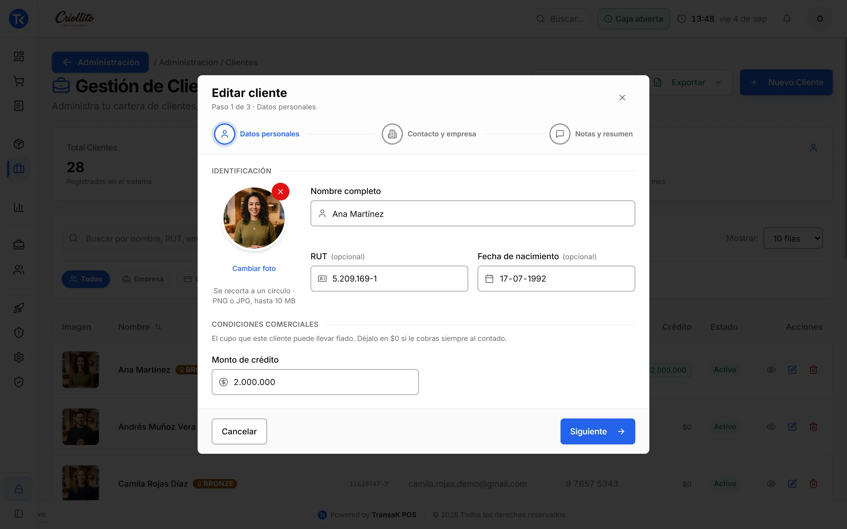 Ficha de cliente en TransaK POS, paso de datos personales con el monto de crédito