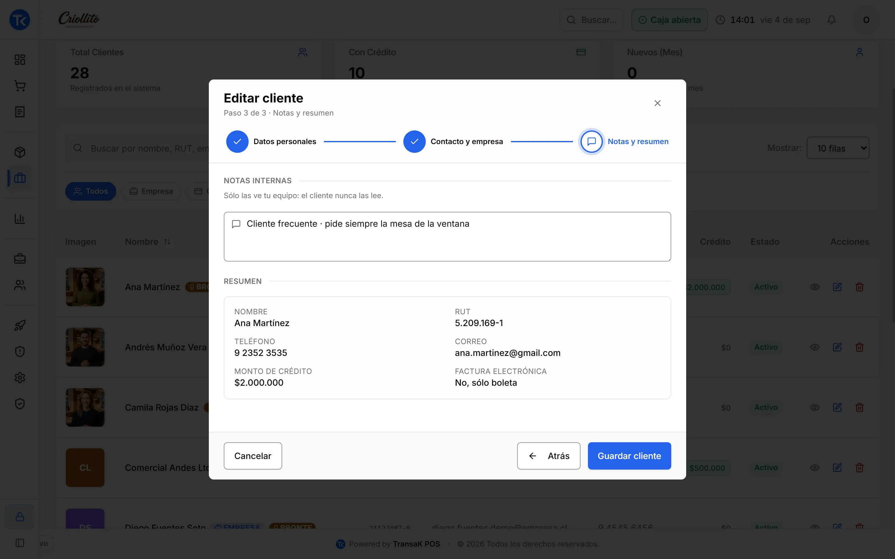 Ficha de cliente en TransaK POS, paso de observaciones e imagen de perfil