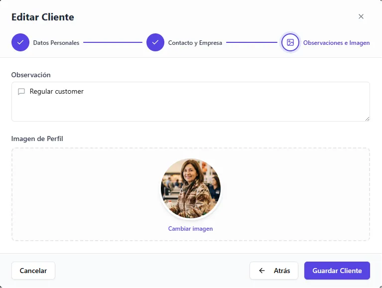 Ficha de cliente en TransaK POS, paso de observaciones e imagen de perfil