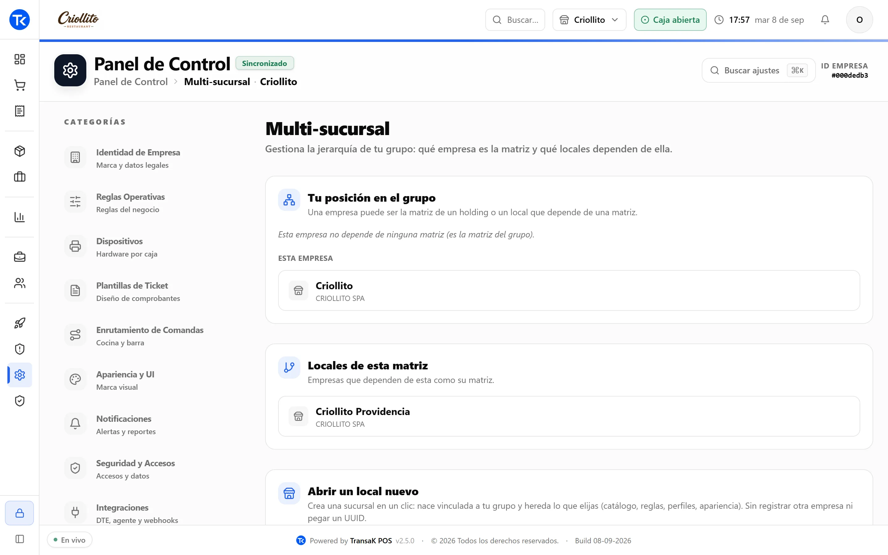 Configuración multi-sucursal en TransaK POS con la matriz del grupo y sus locales colgando de ella