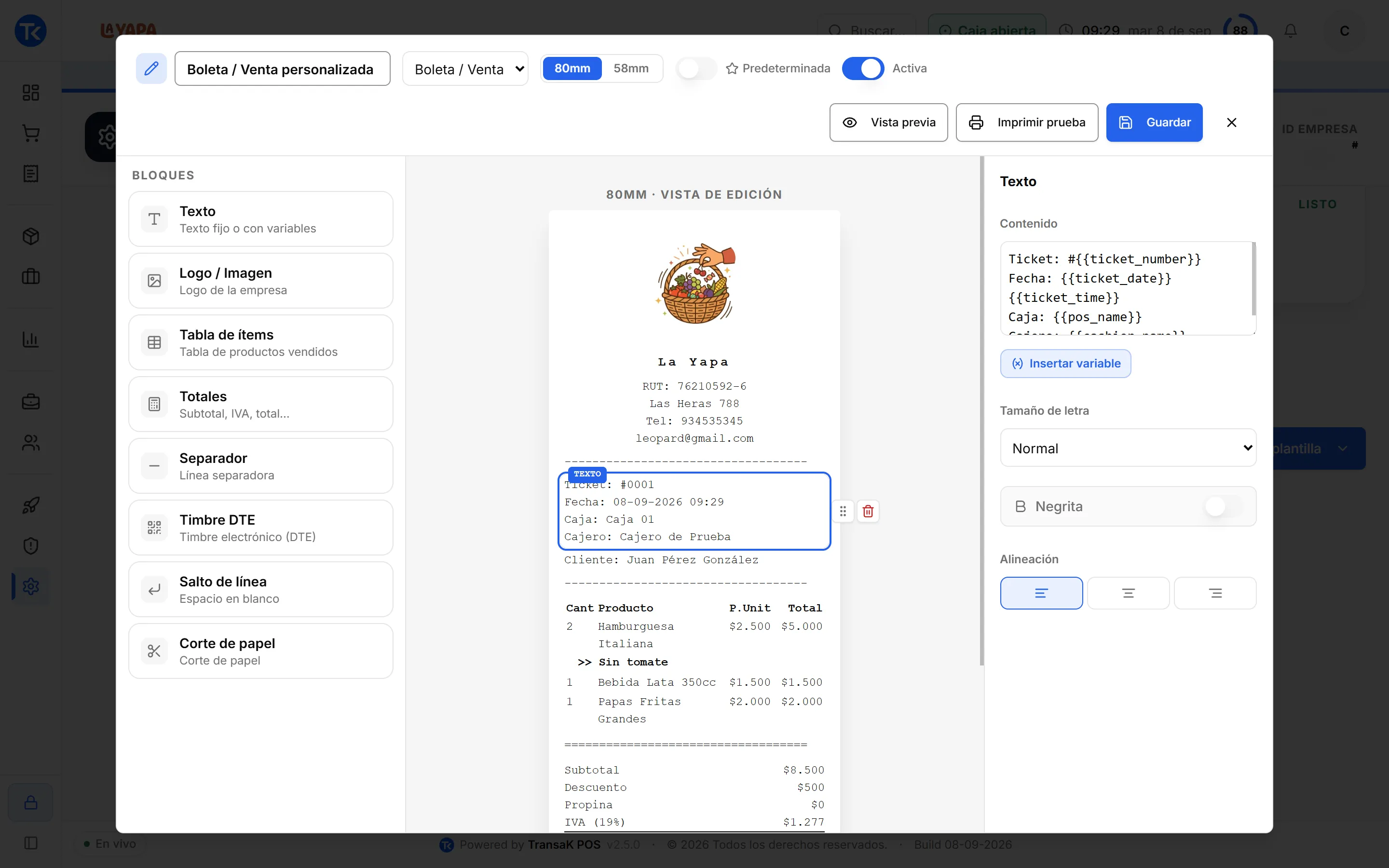 Editor de plantilla de ticket en TransaK POS con logo, totales y timbre electrónico para tu marca