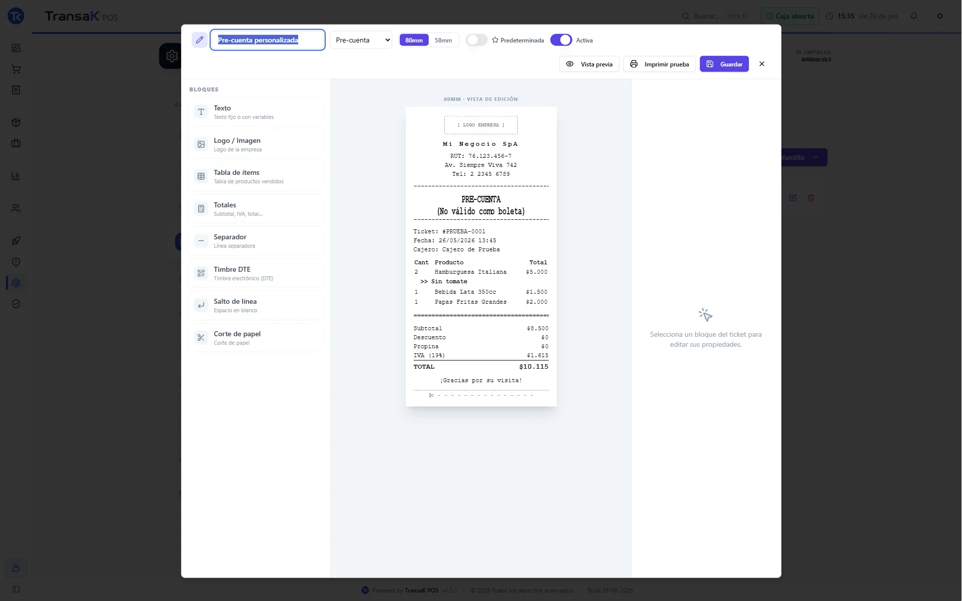 Editor de plantilla de ticket en TransaK POS con logo, totales y timbre electrónico para tu marca