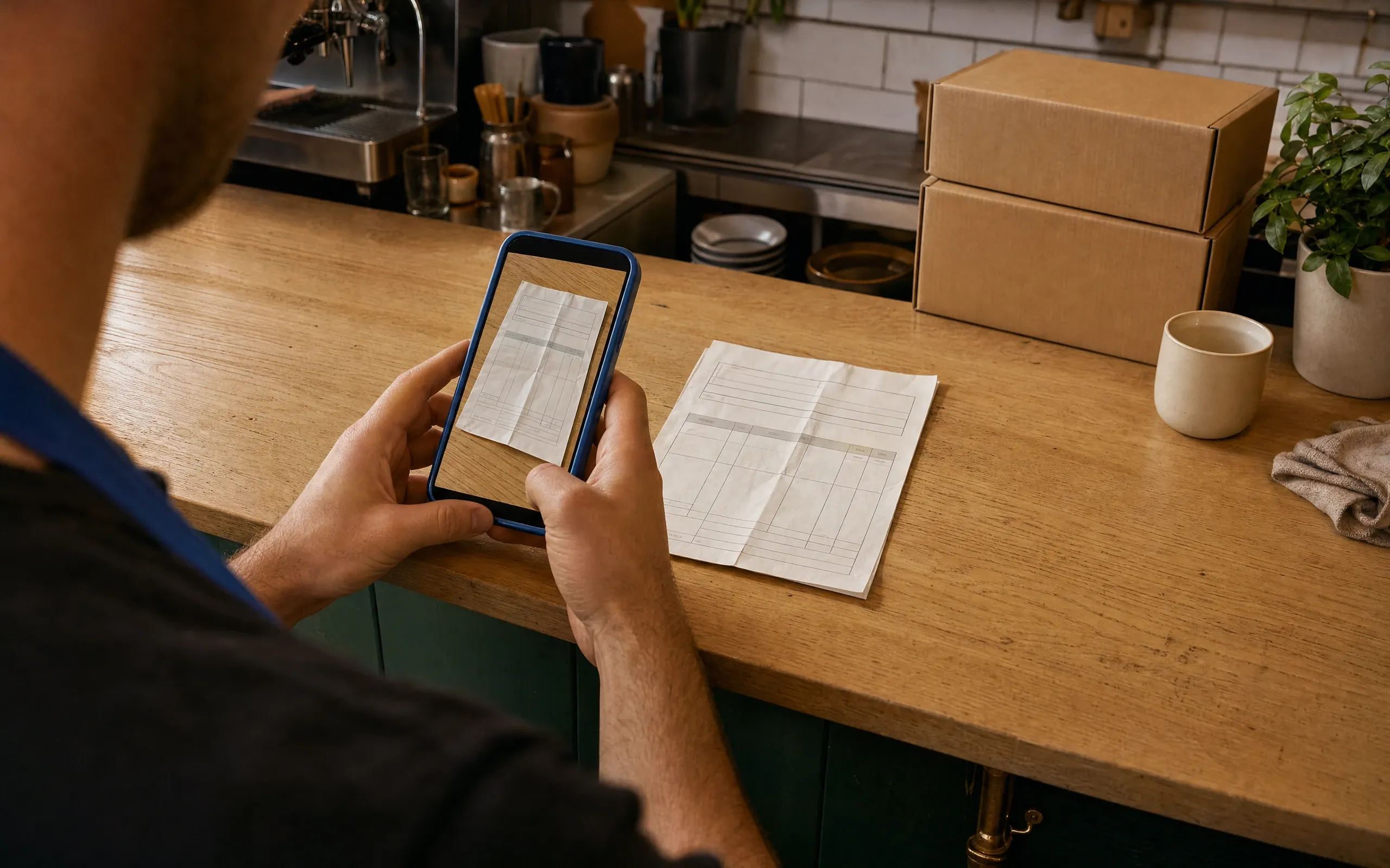 Persona en el mesón de una cafetería fotografiando con su teléfono una factura de papel de proveedor, doblada y apoyada sobre la madera, junto a las cajas de mercadería recién llegadas.