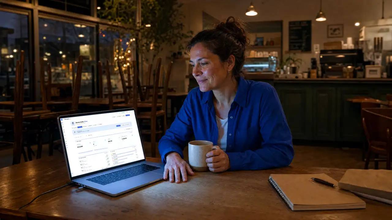 Dueña de una cafetería revisando el tablero de TransaK POS en su computador, con la taza en la mano y las sillas ya sobre las mesas al cierre del día.
