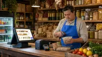 Comerciante de un almacén de barrio pasando un producto por el lector de códigos tras su mesón de madera; a su lado, el terminal del punto de venta con el catálogo de venta en pantalla, la impresora de boletas y el lector de tarjetas.