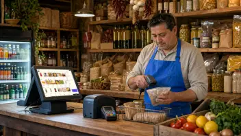 Comerciante de un almacén de barrio pasando un producto por el lector de códigos tras su mesón de madera; a su lado, el terminal del punto de venta con el catálogo de venta en pantalla, la impresora de boletas y el lector de tarjetas.