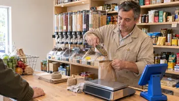 Comerciante de un almacén de barrio vaciando un cucharón de lentejas dentro de una bolsa de papel que sostiene abierta, con la vista puesta en el grano; lleva cotona beige de manga larga. Sobre el mesón de madera, la balanza, un ovillo de hilo y las bolsas de papel dobladas, y a un costado el terminal del punto de venta de espaldas; al fondo, los dispensadores de granel y las repisas con conservas. En primer plano y desenfocados, el hombro y la mano de quien está comprando, junto al canasto con verduras.