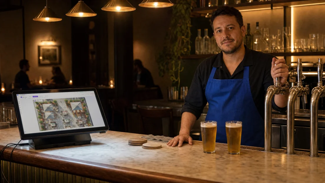 Barman tras la barra de mármol de un pub de noche, con la mano en el tirador de cerveza y el terminal del punto de venta mostrando el plano del salón; al fondo, mesas ocupadas.