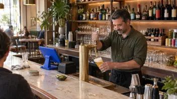 Barman de un pub sirviendo un schop desde una torre de bronce: una mano tira la palanca y la otra inclina el vaso bajo el grifo, con la vista puesta en la espuma; lleva camisa verde oliva remangada y mandil de cintura negro con un paño colgando. Sobre la barra de mármol, el terminal del punto de venta de espaldas, la impresora de boletas, posavasos y un pocillo con limones; detrás, la estantería iluminada con botellas y copas. Al fondo, junto a los ventanales con luz de tarde, las primeras mesas ocupadas; en primer plano y desenfocado, el hombro de un cliente sentado a la barra.