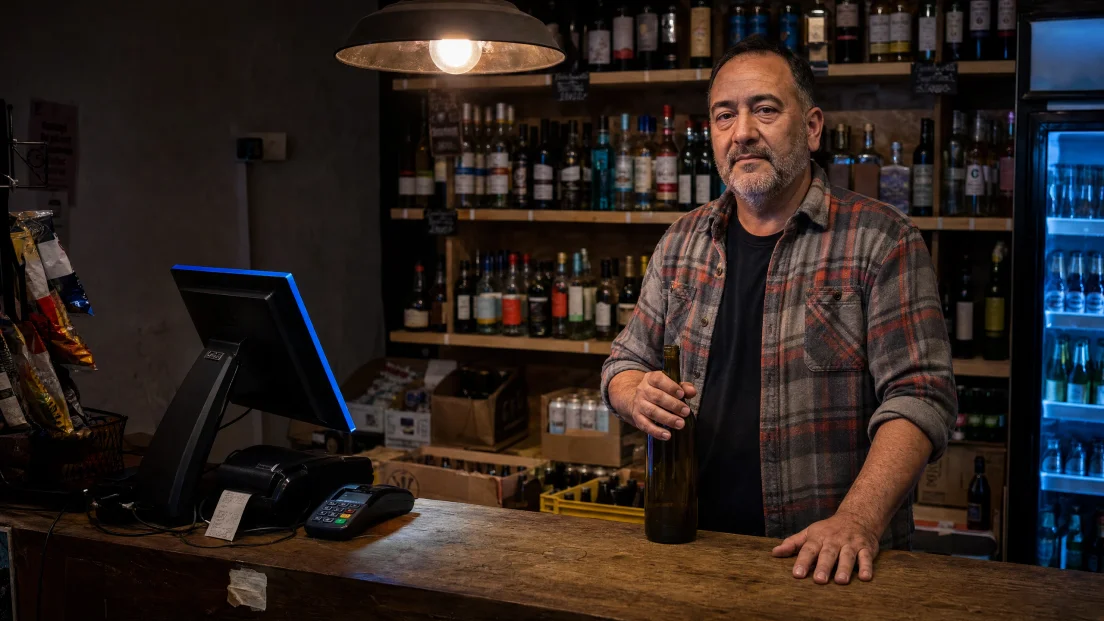 Comerciante de una botillería de noche, con camisa a cuadros remangada, dejando una botella sobre el mesón de madera y con la otra mano apoyada; a un costado el terminal del punto de venta de espaldas, y detrás el refrigerador iluminado y las repisas con botellas, cajas de cartón y carteles de precio escritos a mano.