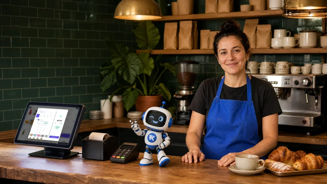 Barista de una cafetería sonriendo tras su mostrador junto a la mascota robot de TransaK; en el mesón, el terminal del punto de venta con la pantalla de cobro, el lector de tarjetas y la impresora de boletas.