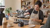 Barista de una cafetería vertiendo la leche de una jarra de acero sobre una taza, con la vista puesta en el café; lleva delantal de peto de lona cruda sobre polera oscura. En el mesón de madera clara, vasos para llevar, una taza usada y el cajón de descarte; al fondo, la máquina de espresso, la vitrina de pasteles y las repisas con bolsas de café.