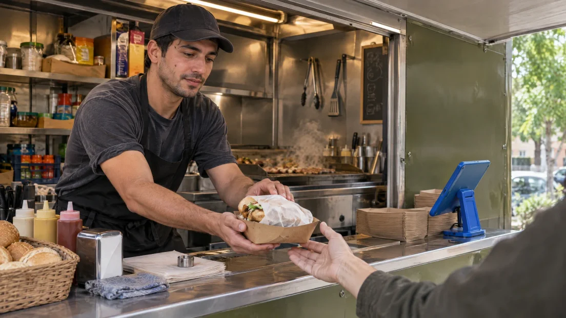 Cocinero de un food truck entregando por la ventanilla una bandeja de papel con un sándwich envuelto, con la vista puesta en la entrega; lleva gorra, polera oscura y mandil negro de cintura. Frente a él, las manos del cliente recibiendo; dentro del camión, la plancha humeando, los utensilios colgados y las salsas, y a un costado el terminal del punto de venta de espaldas.