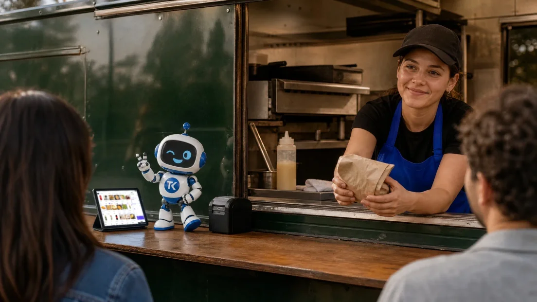 Trabajadora de un food truck asomada a la ventanilla entregando un pedido envuelto en papel; sobre el mesón, la tablet del punto de venta con el catálogo en pantalla, la impresora de boletas y la figurina de la mascota de TransaK, con la cocina de acero al fondo.