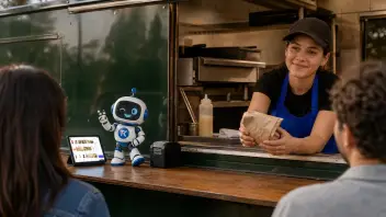 Trabajadora de un food truck asomada a la ventanilla entregando un pedido envuelto en papel; sobre el mesón, la tablet del punto de venta con el catálogo en pantalla, la impresora de boletas y la figurina de la mascota de TransaK, con la cocina de acero al fondo.