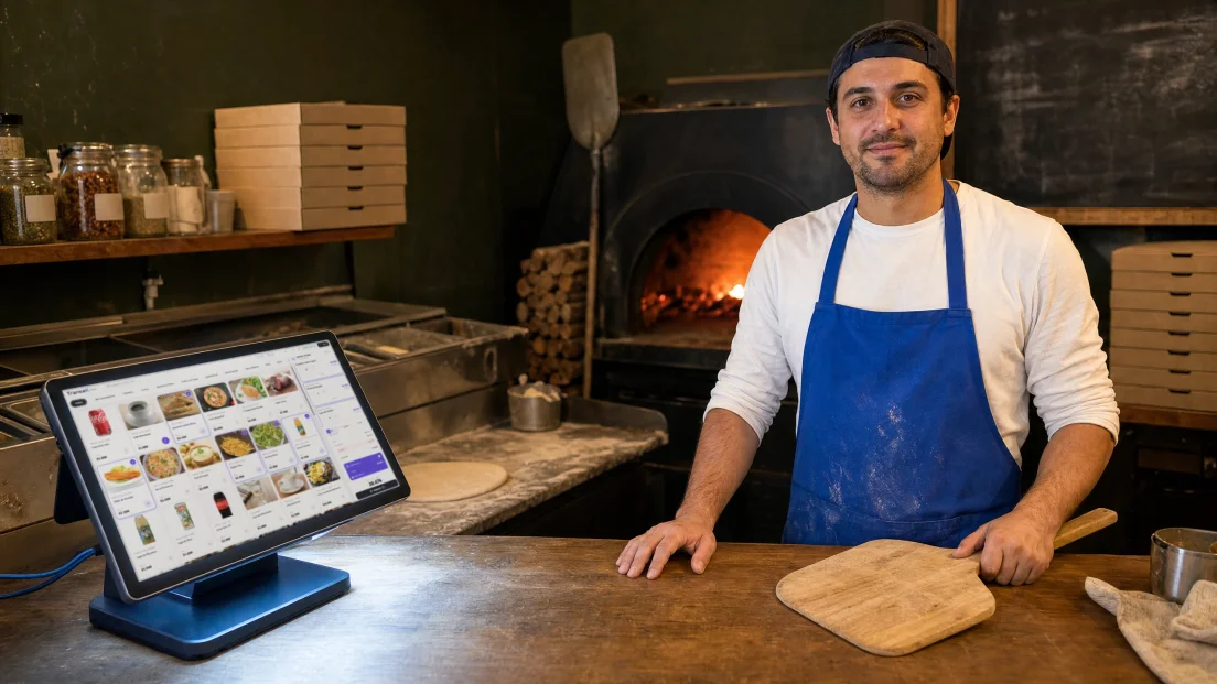 Pizzero tras el mostrador de despacho de su pizzería, junto al terminal del punto de venta con el catálogo abierto; al fondo, la boca del horno encendida y las cajas apiladas.