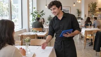 Garzón de un restaurante tomando el pedido en una tablet junto a la mesa, con la vista puesta en la comensal que atiende; lleva camisa negra y delantal negro de cintura, y la tablet queda de espaldas a la cámara. Al fondo, el comedor con mesas ocupadas y un ventanal.