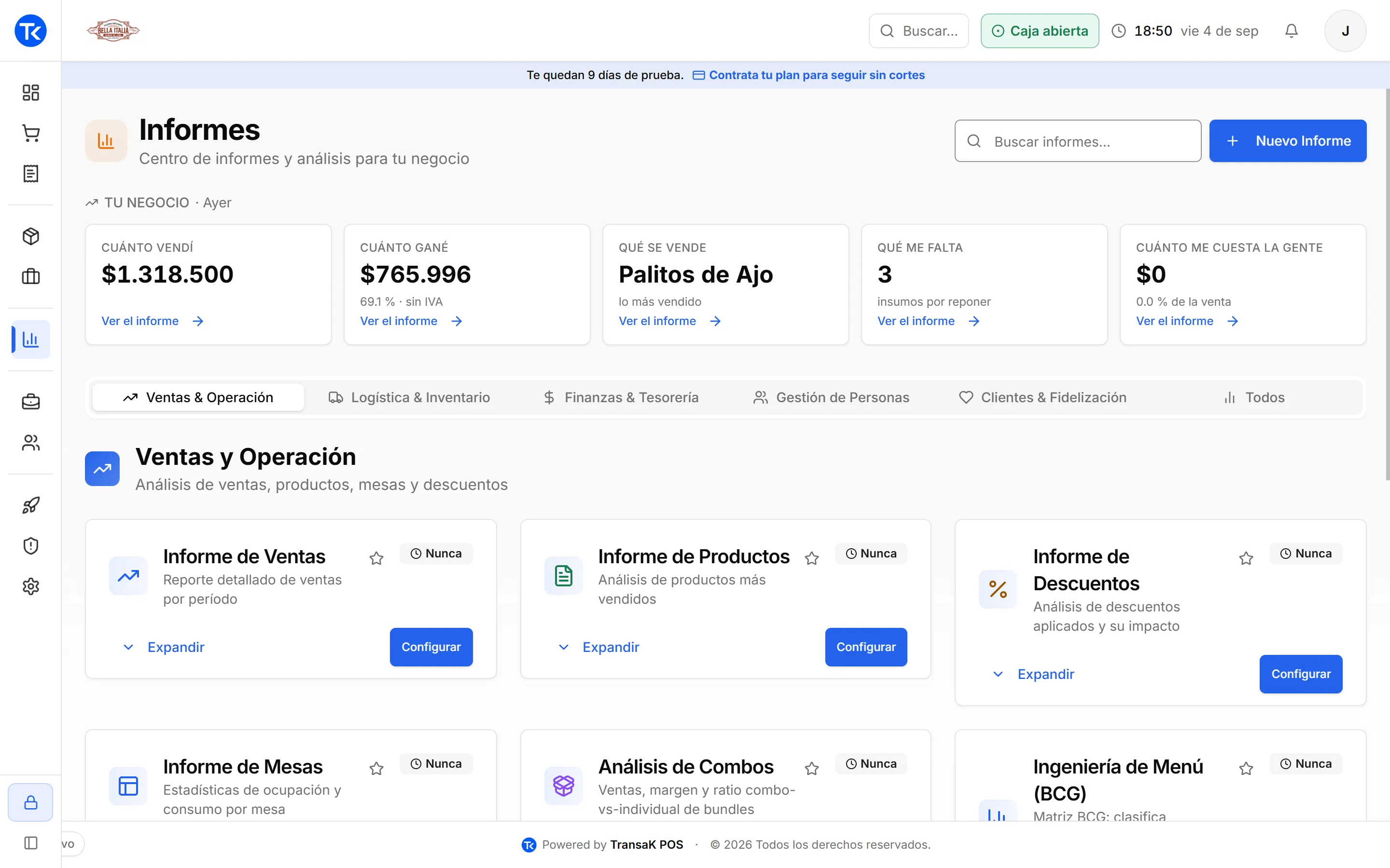 Centro de informes de TransaK POS con más de 18 reportes agrupados por área del negocio