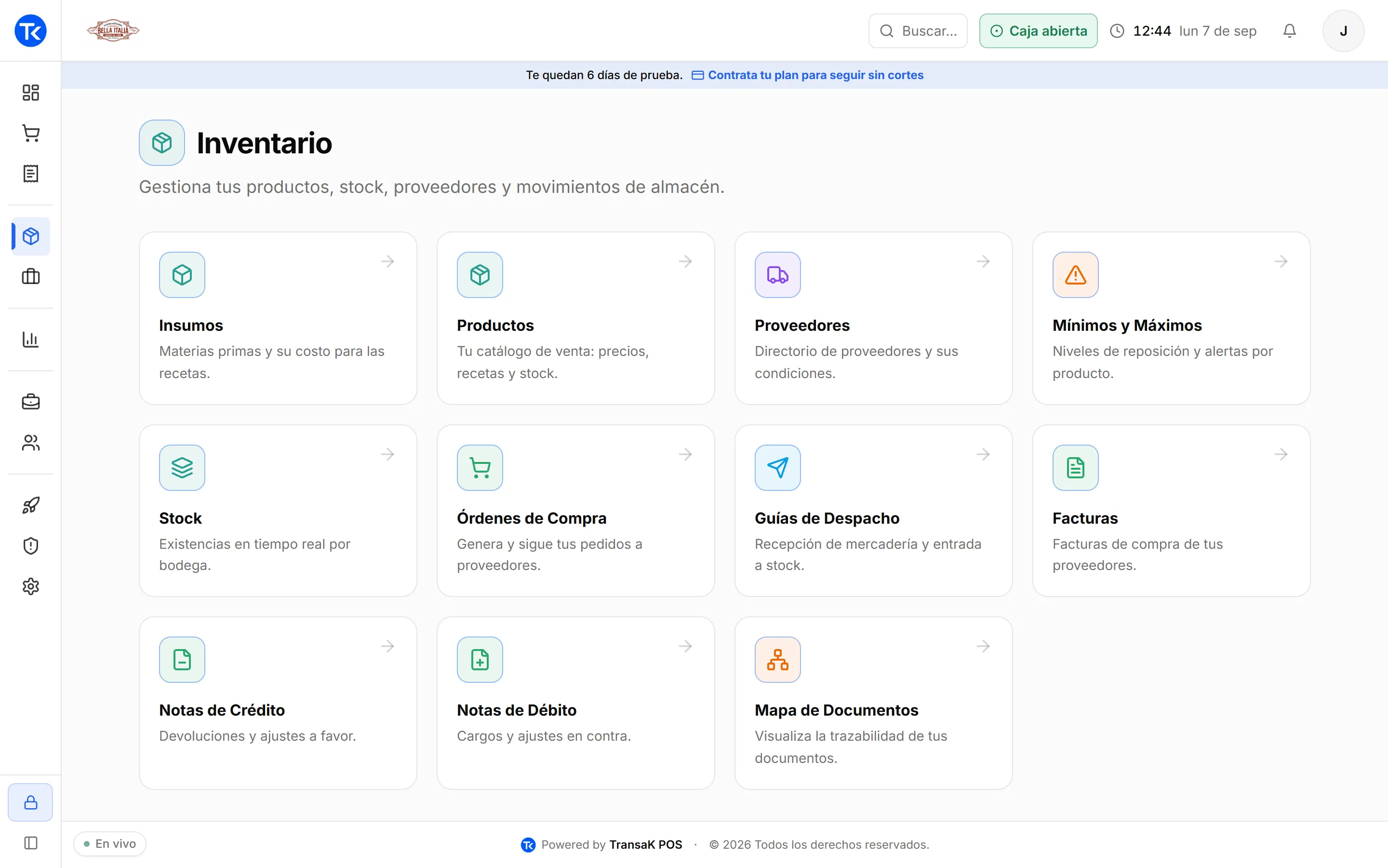 Módulo de inventario de TransaK POS con insumos, productos, proveedores, compras y documentos