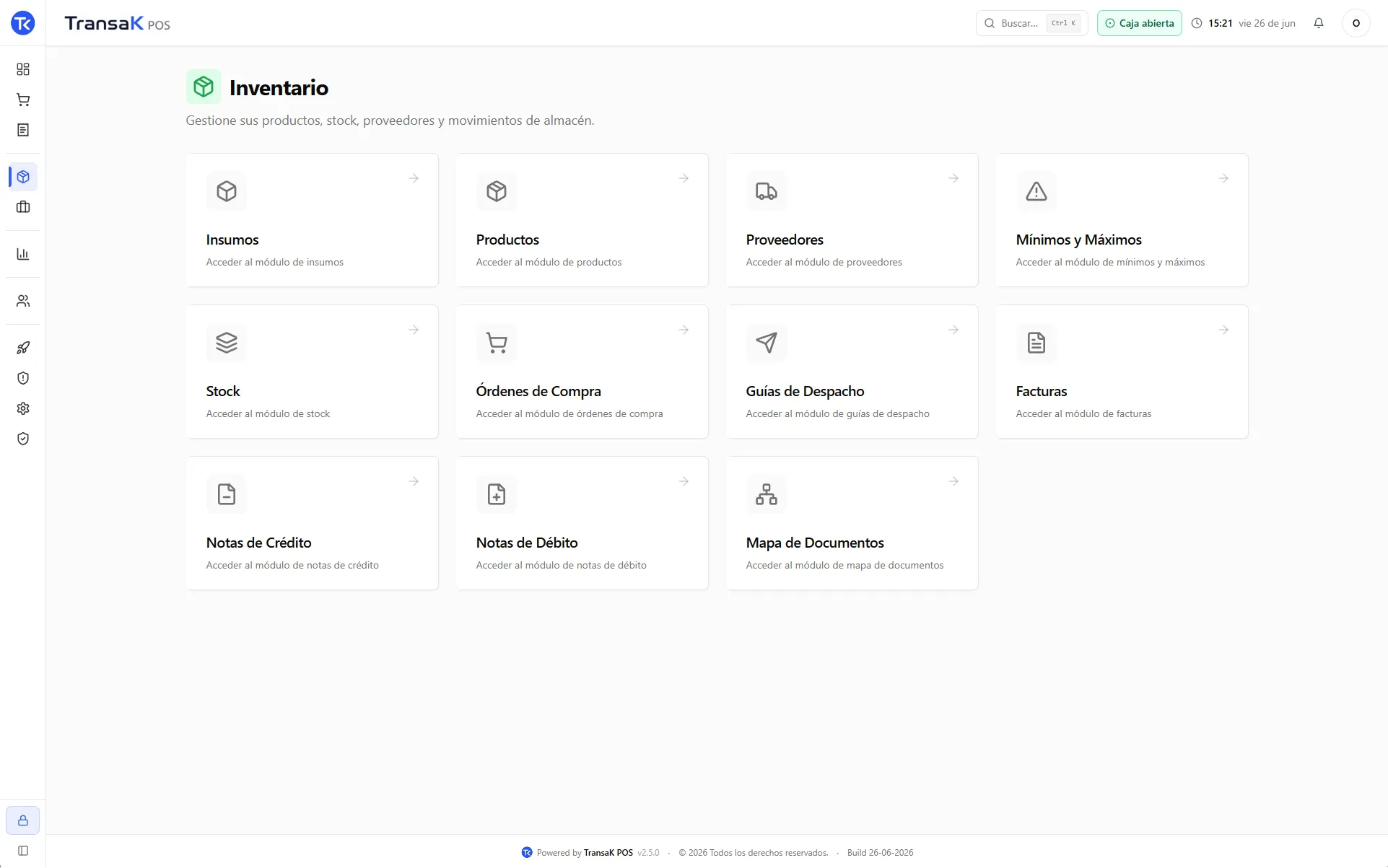 Módulo de inventario de TransaK POS con insumos, productos, proveedores, compras y documentos