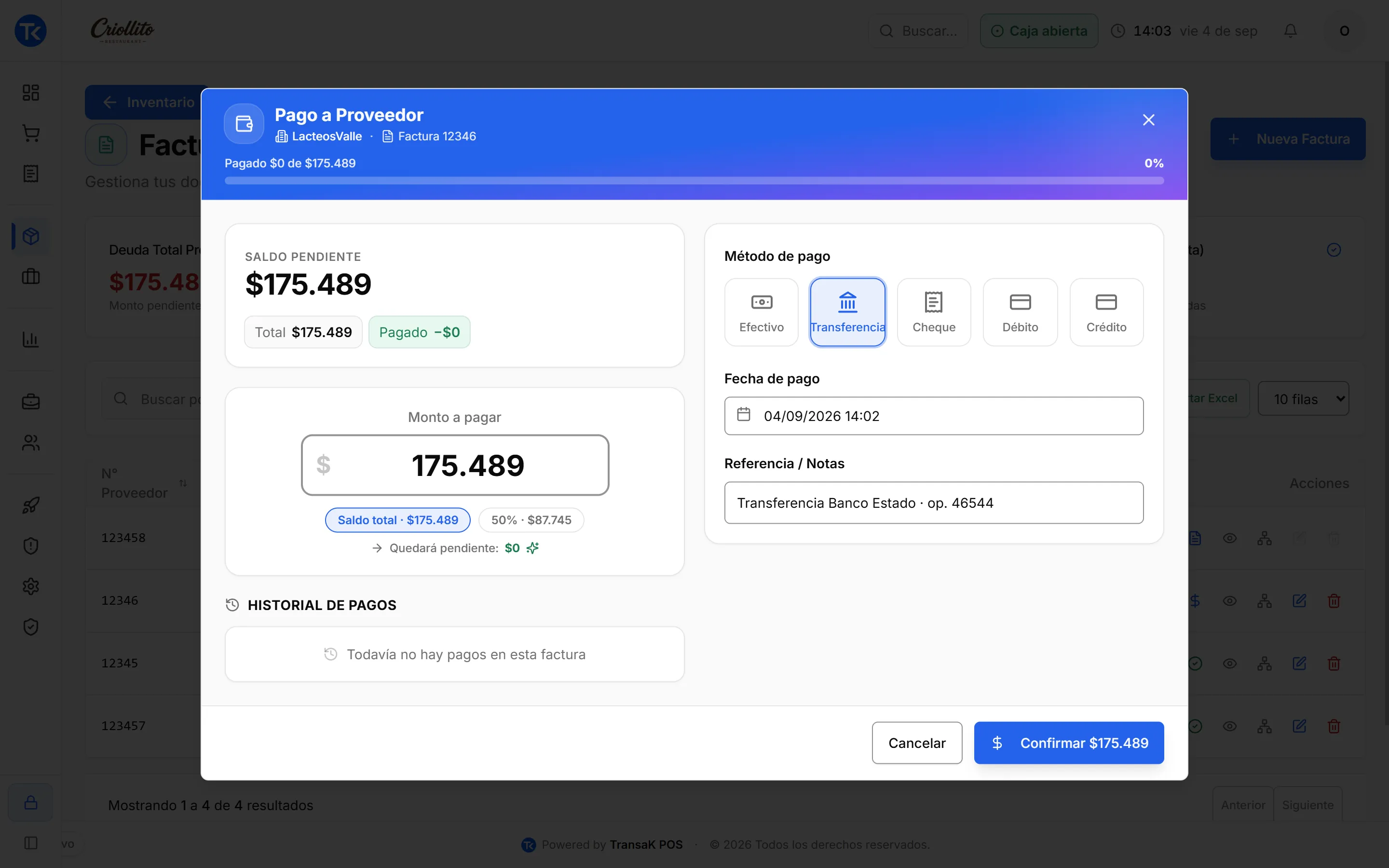 Registro de pago a proveedor en TransaK POS con el medio de pago y el origen de los fondos