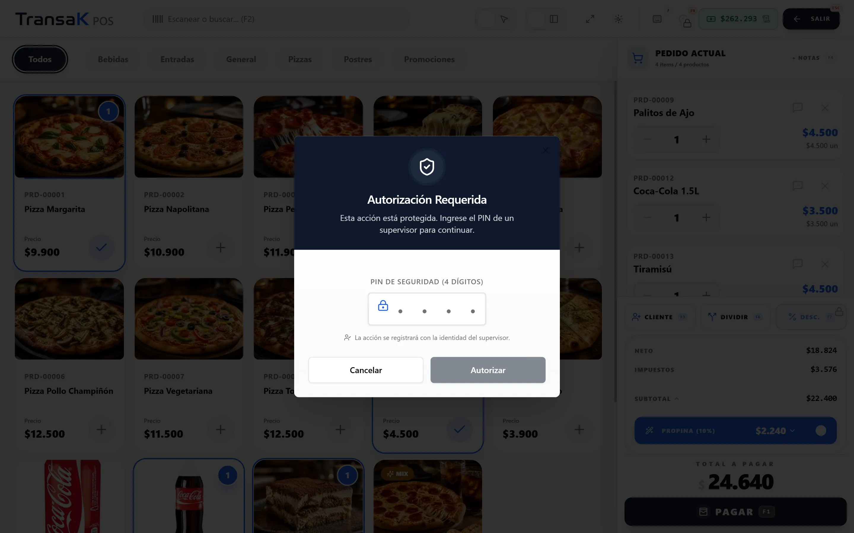 Autorización de supervisor por PIN sobre la venta en TransaK POS para operaciones protegidas