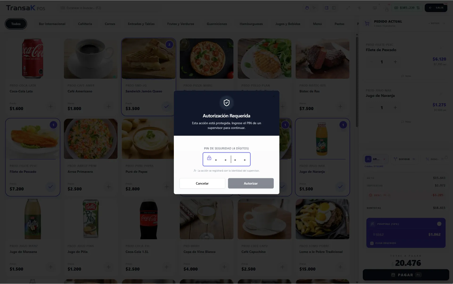 Autorización de supervisor por PIN sobre la venta en TransaK POS para operaciones protegidas