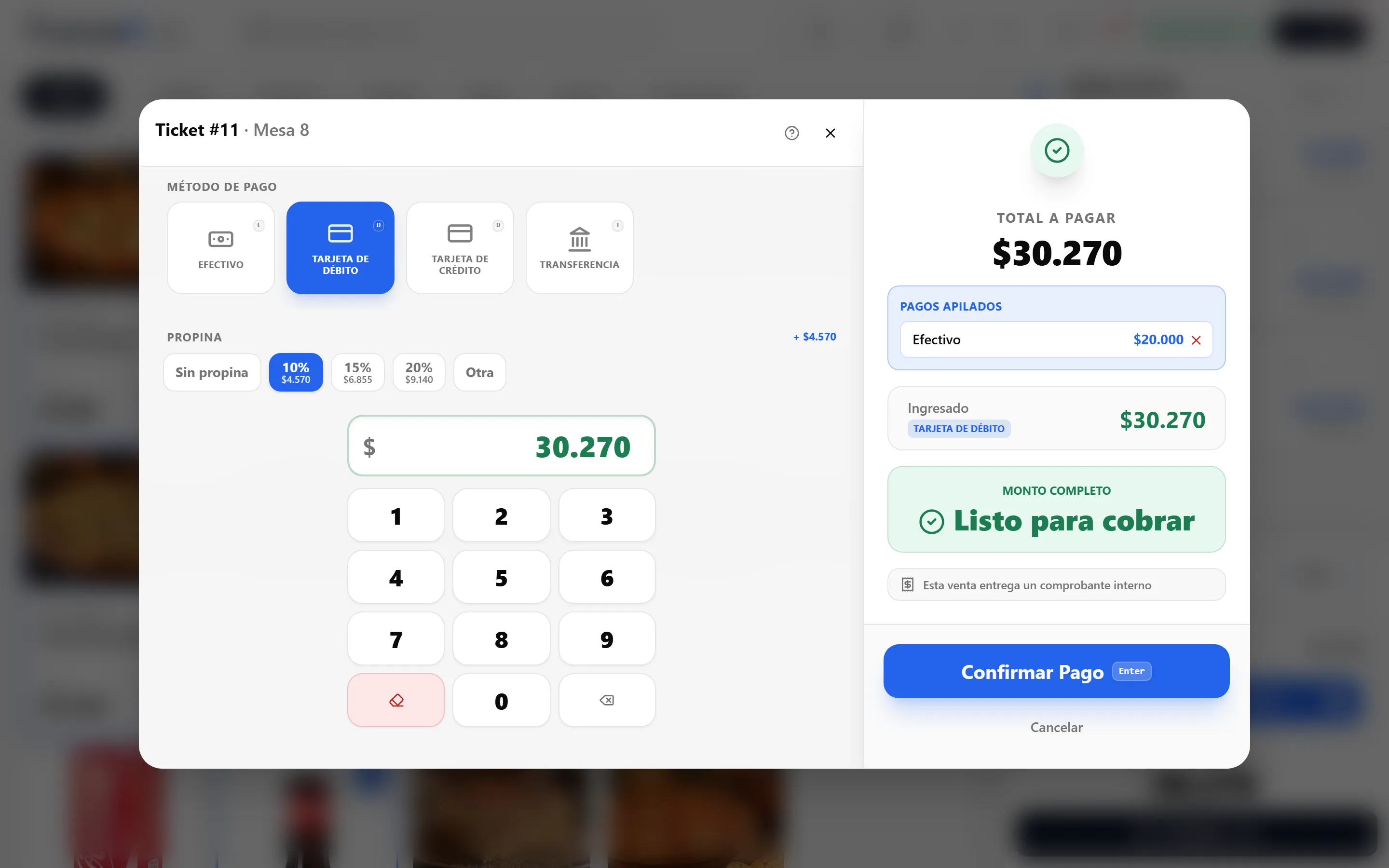 Cobro de una venta con varios medios de pago en TransaK POS, con el saldo pendiente actualizándose