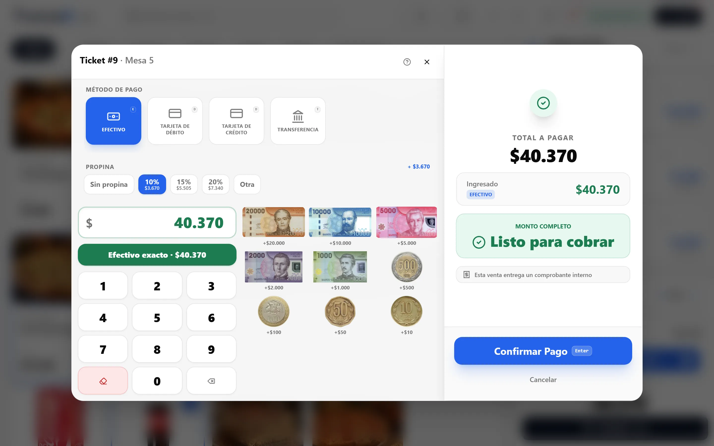 Pantalla de cobro de TransaK POS con medios de pago, propina y denominaciones de peso chileno
