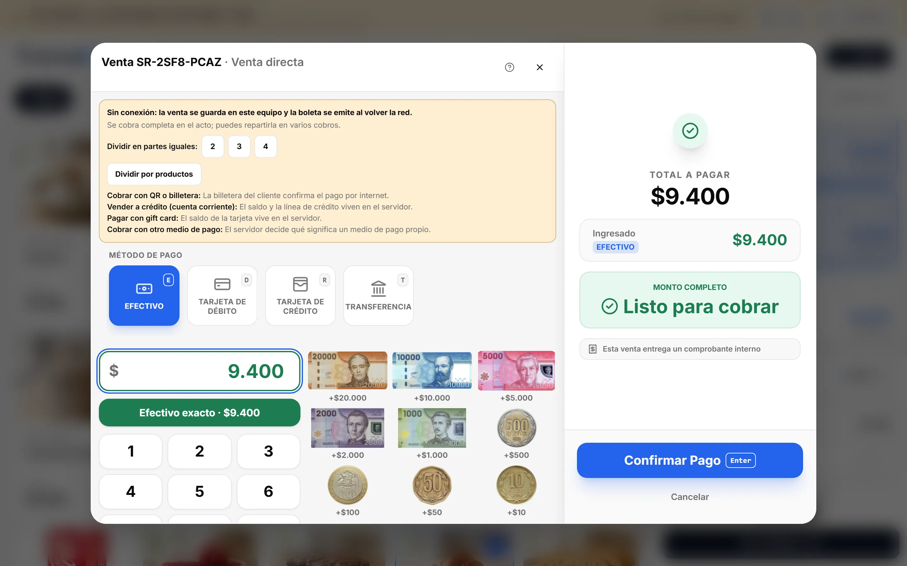 Cobro sin internet en TransaK POS: efectivo, tarjeta o transferencia, con el aviso de que la boleta se emite al volver la red