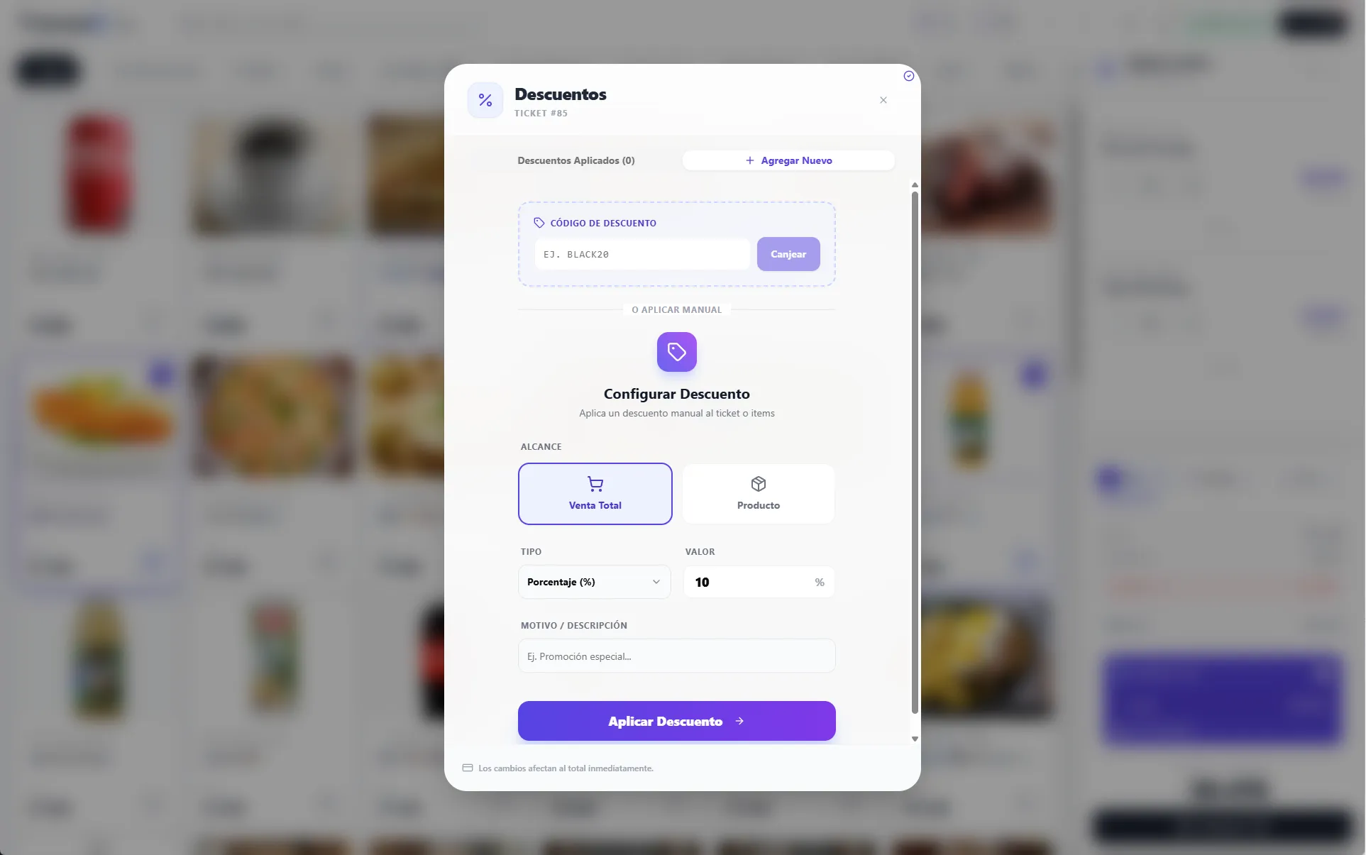 Aplicación de descuento en TransaK POS con alcance por venta o por producto y su motivo