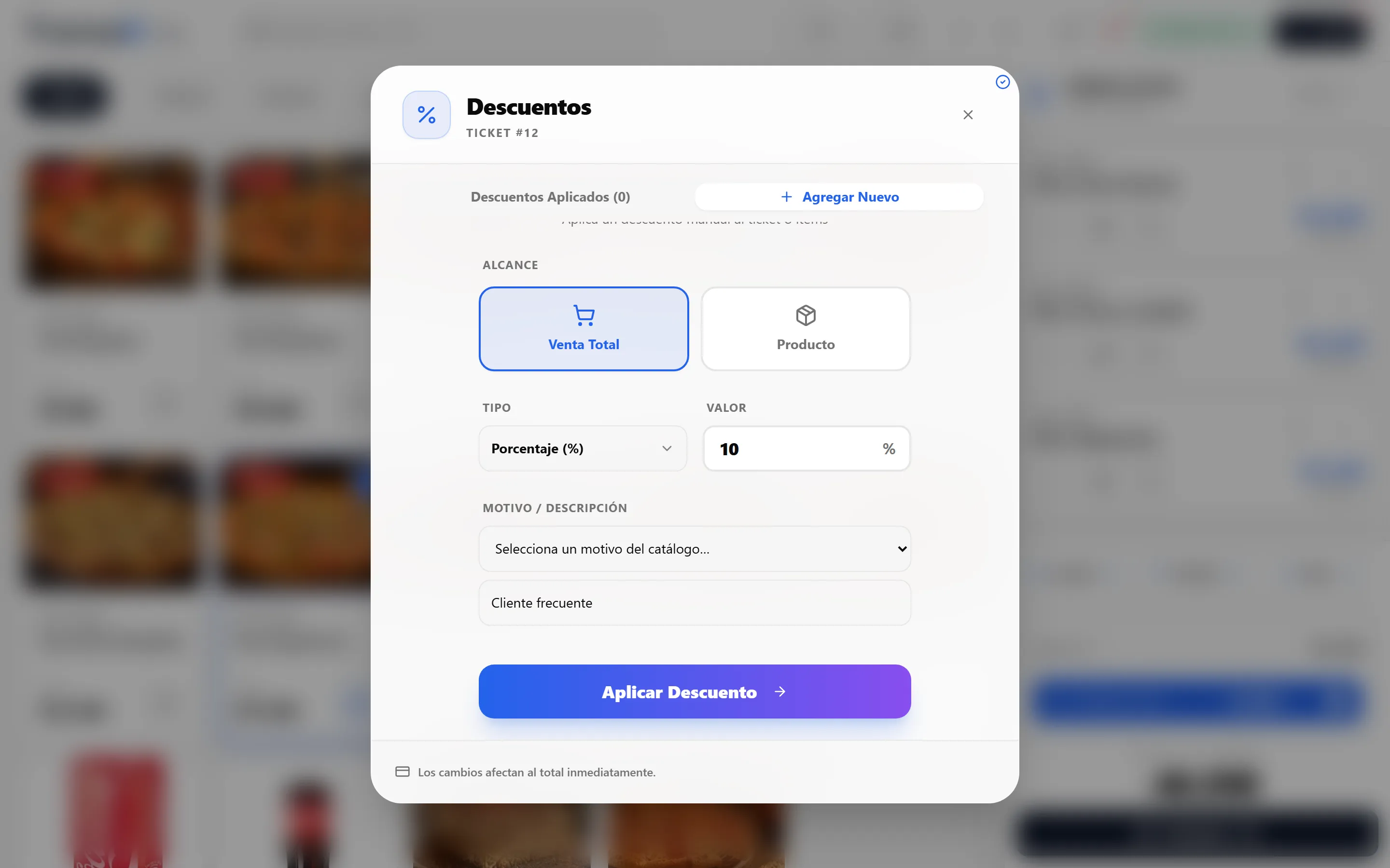Aplicación de descuento en TransaK POS con alcance por venta o por producto y su motivo