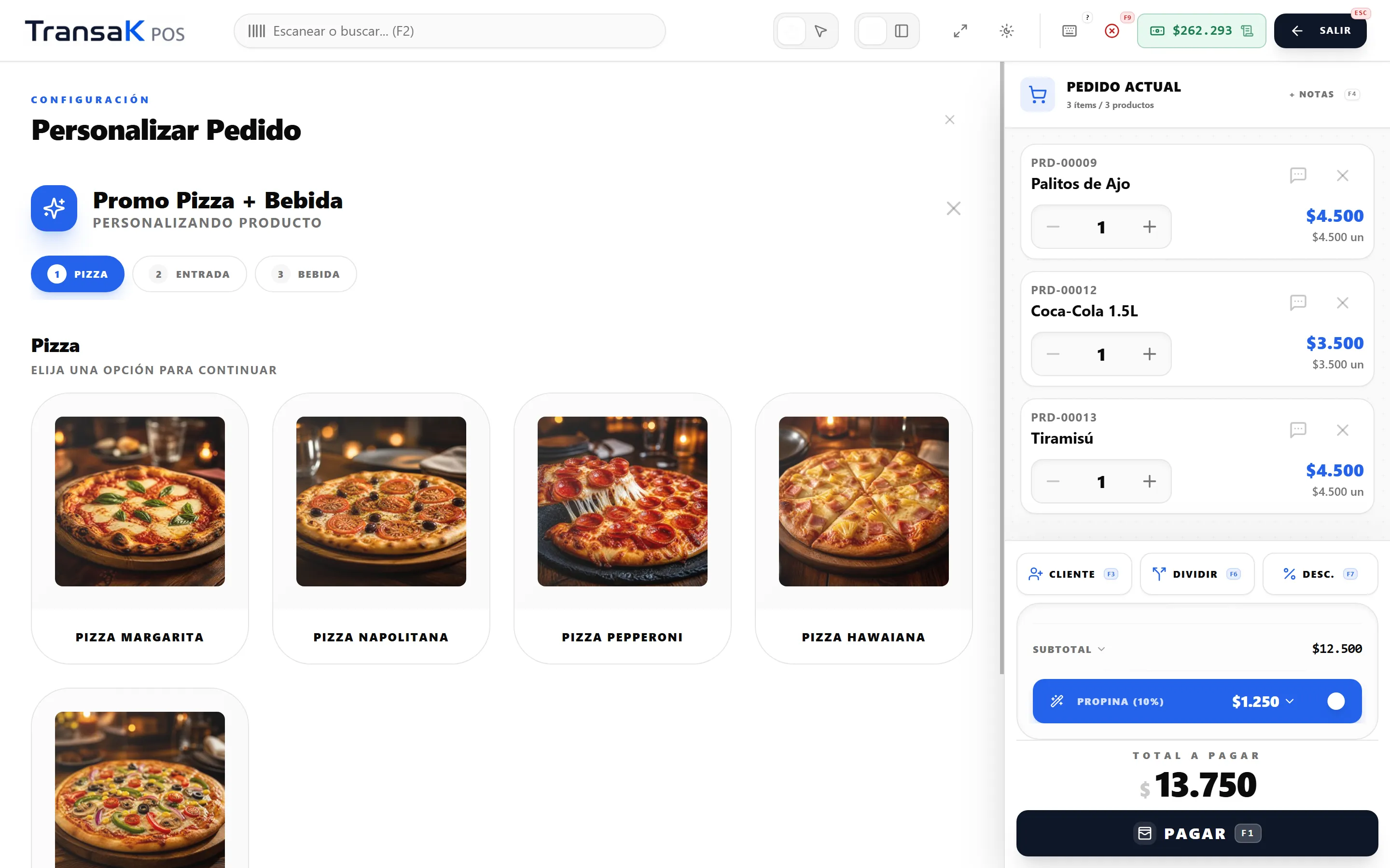 Producto personalizado en TransaK POS con la pizza dividida en dos mitades y el precio recalculado