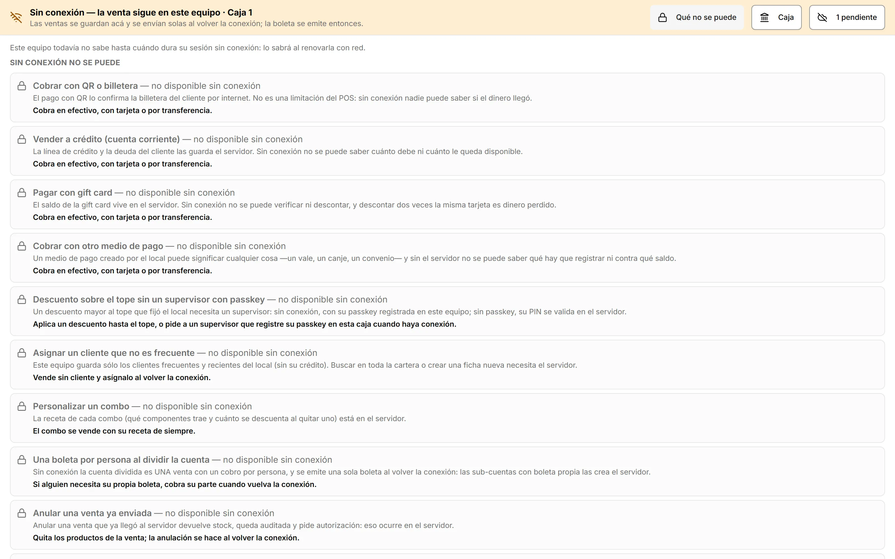 Lista de lo que no se puede hacer sin internet en TransaK POS, cada cosa con su motivo y la alternativa