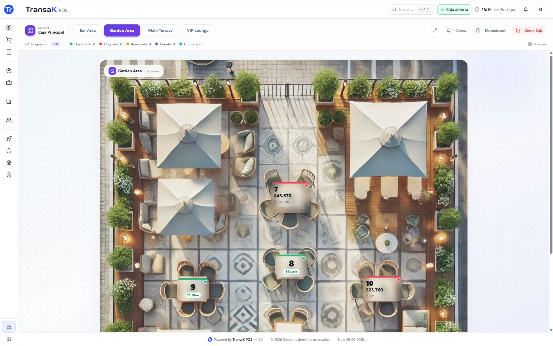 Plano del salón (terraza) en TransaK POS con mesas, sus estados por color y el consumo de cada una