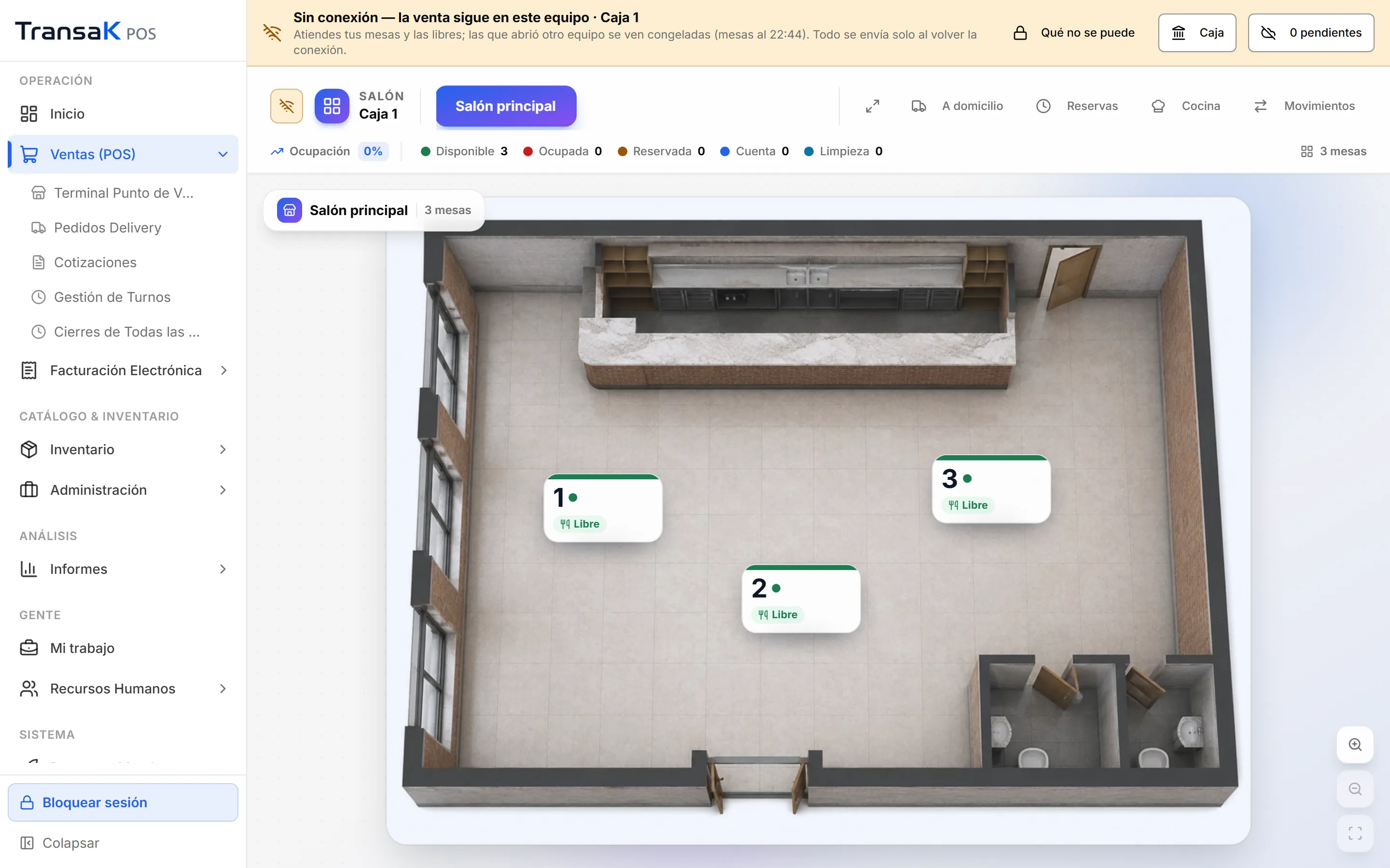 Salón de TransaK POS sin internet: el plano con sus mesas y el aviso de que se atienden las propias y las libres