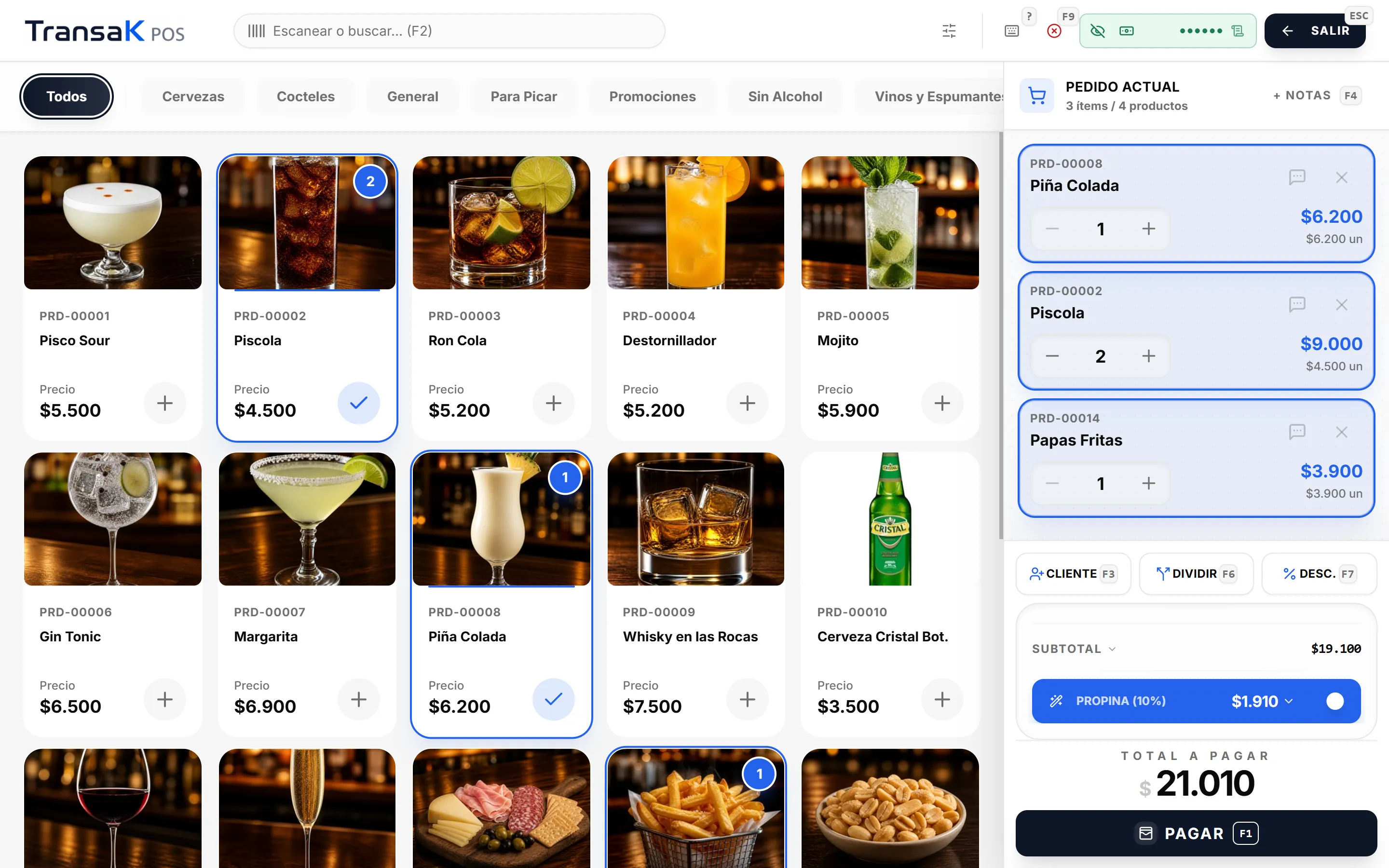 Venta táctil en TransaK POS con la carta de un bar: cervezas, cócteles y picoteo, con la cuenta de la mesa