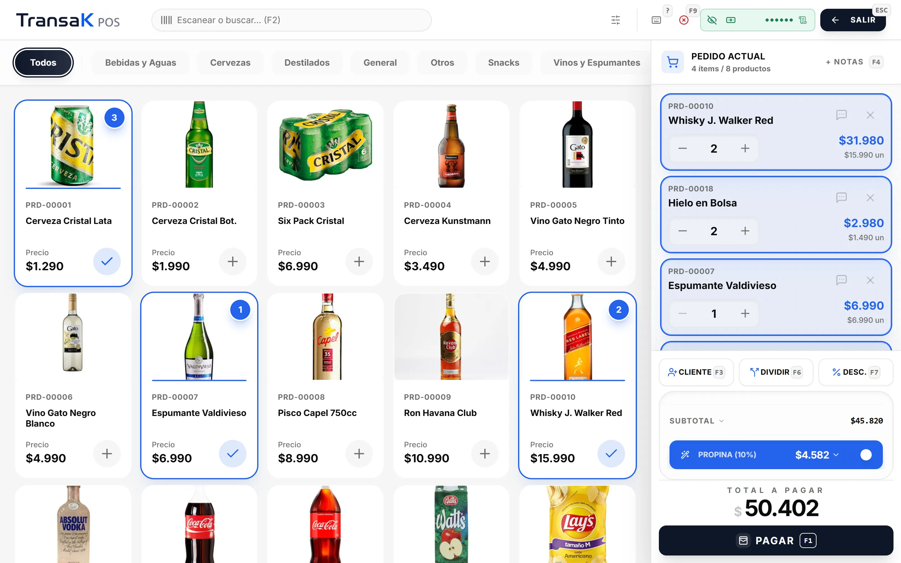Venta táctil en TransaK POS con el catálogo de una botillería, buscando por código de barras