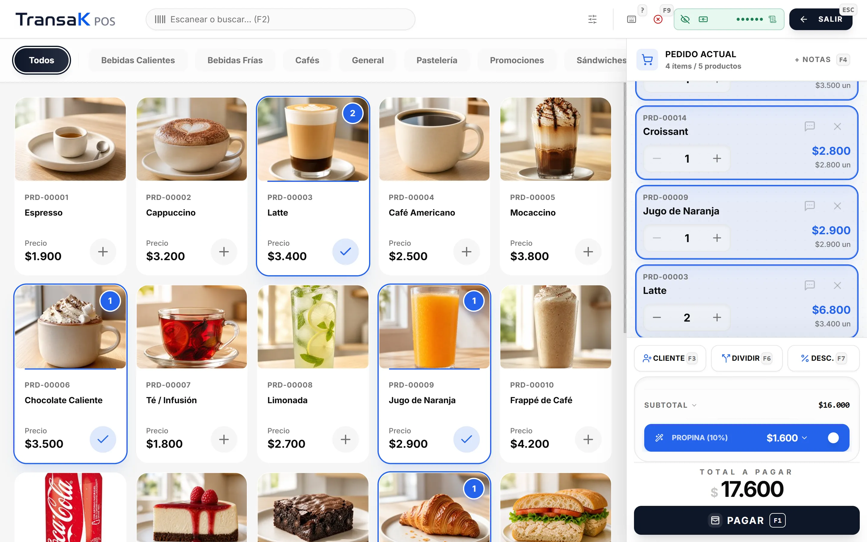 Venta táctil en TransaK POS con la carta de una cafetería: cafés, pastelería y sándwiches, con la propina calculada