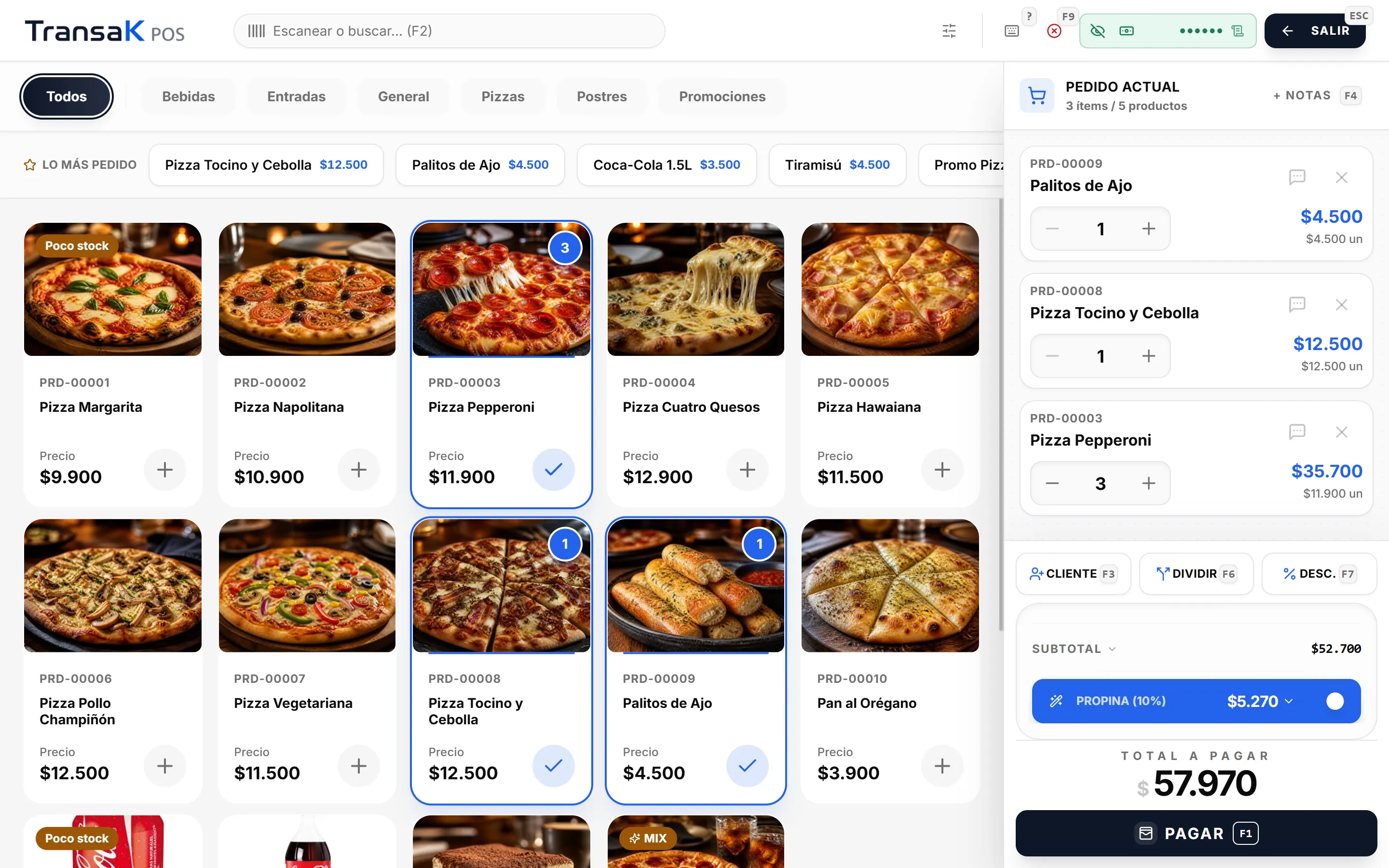 Venta táctil en TransaK POS con el catálogo de una pizzería, la fila de lo más pedido y el aviso de poco stock