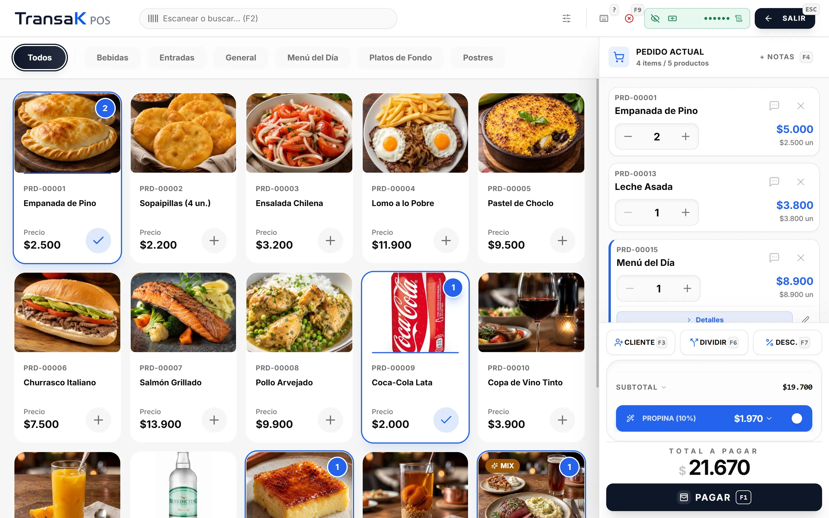 Venta táctil en TransaK POS con la carta de un restaurante chileno: empanadas, pastel de choclo y menú del día