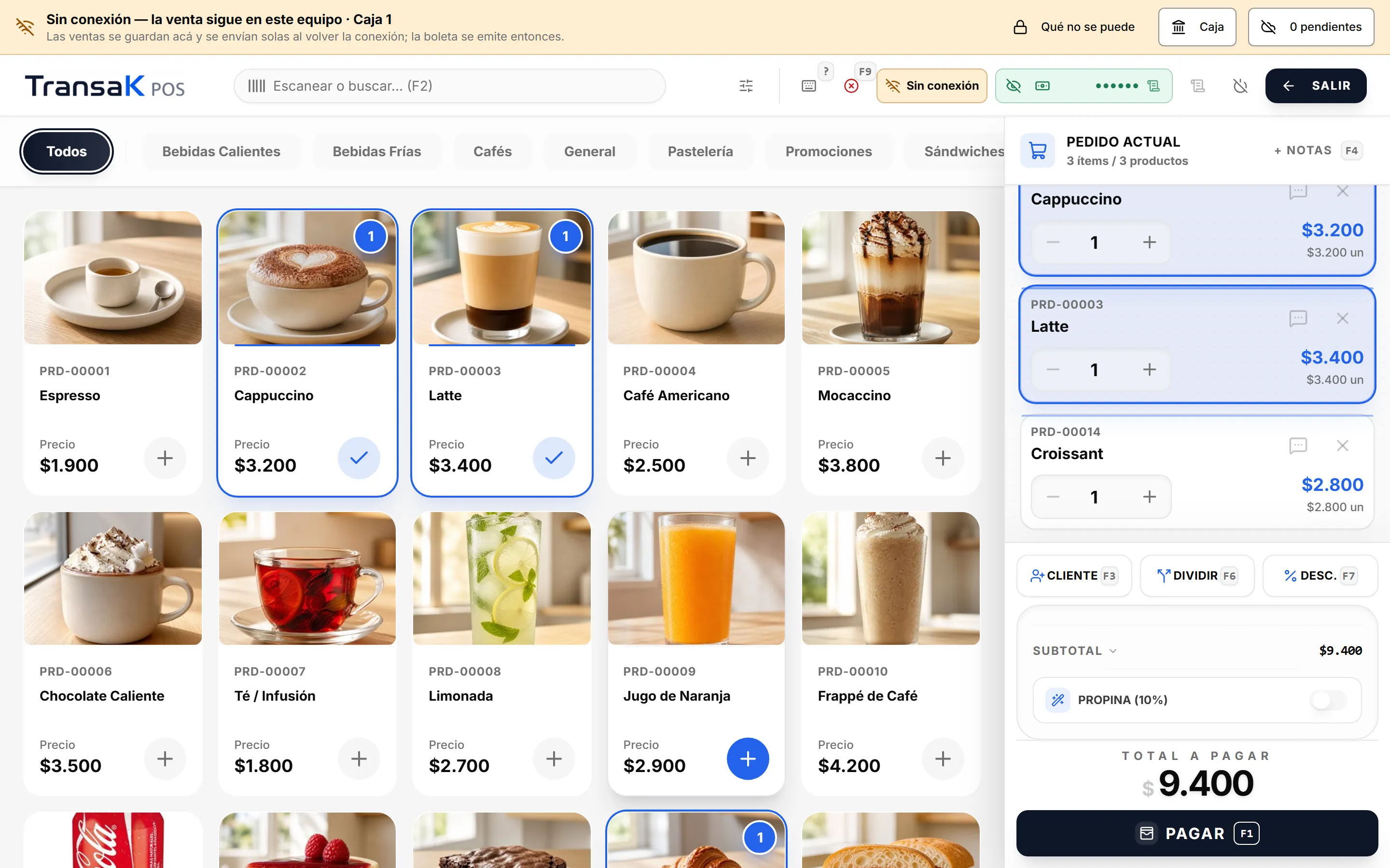 Caja de TransaK POS vendiendo sin internet: el aviso «Sin conexión, la venta sigue en este equipo» y el pedido en curso