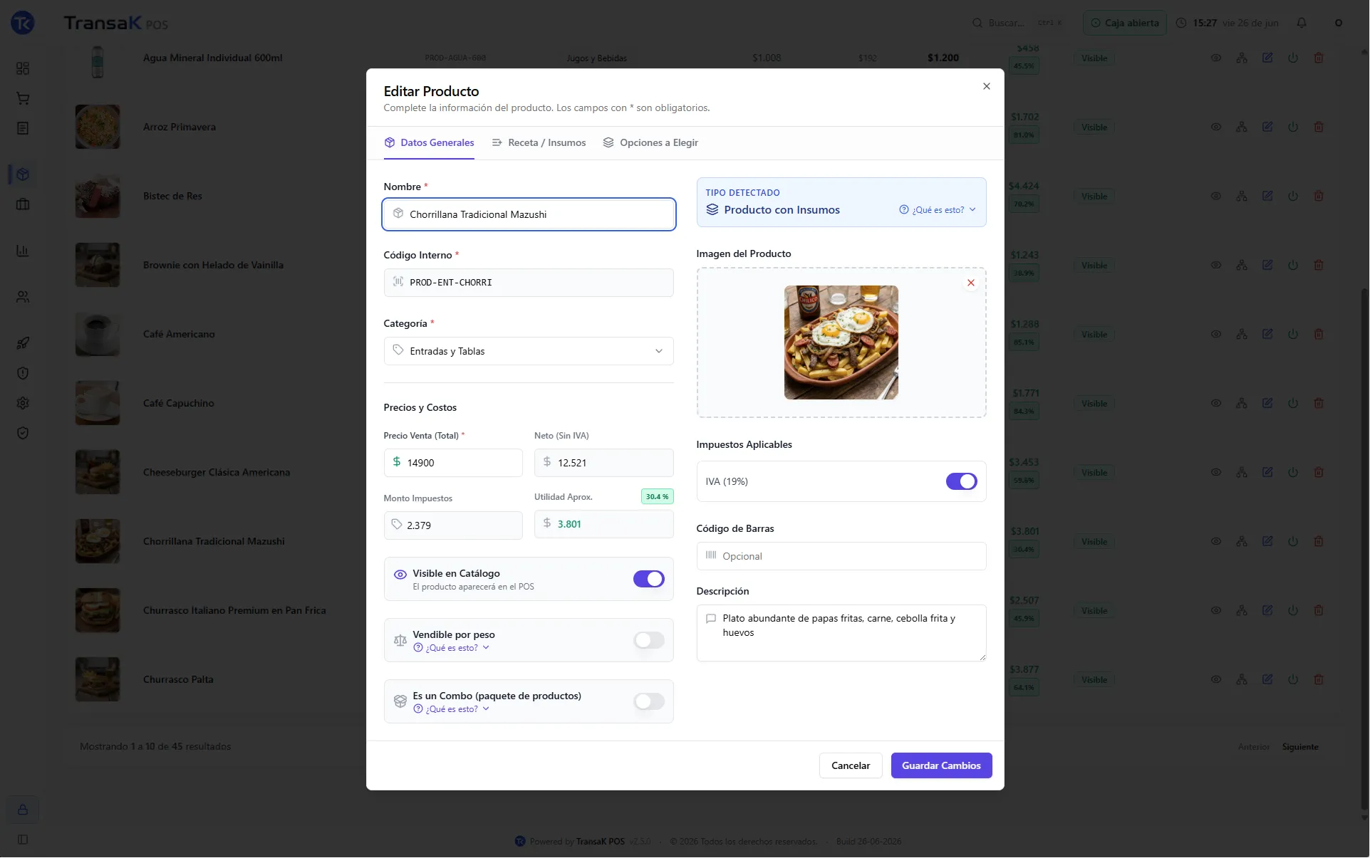 Editor de producto en TransaK POS con precio neto, IVA y utilidad calculados automáticamente